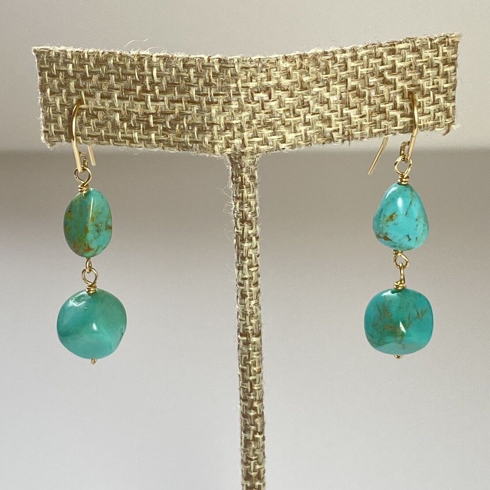 Turquoise Dyed Howlite Double Dangle Drop Articulated‎ Earrings Gold Tone Hooks